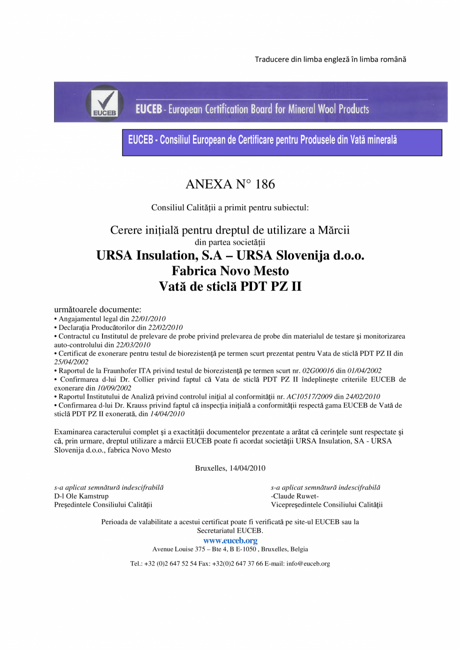 Pagina 2-CERTIFICAT EUCEB URSA GLASSWOOL SF34 GEMINI, GLASSWOOL TWP 1, GLASSWOOL DF 39, GLASSWOOL TSP/Ge...