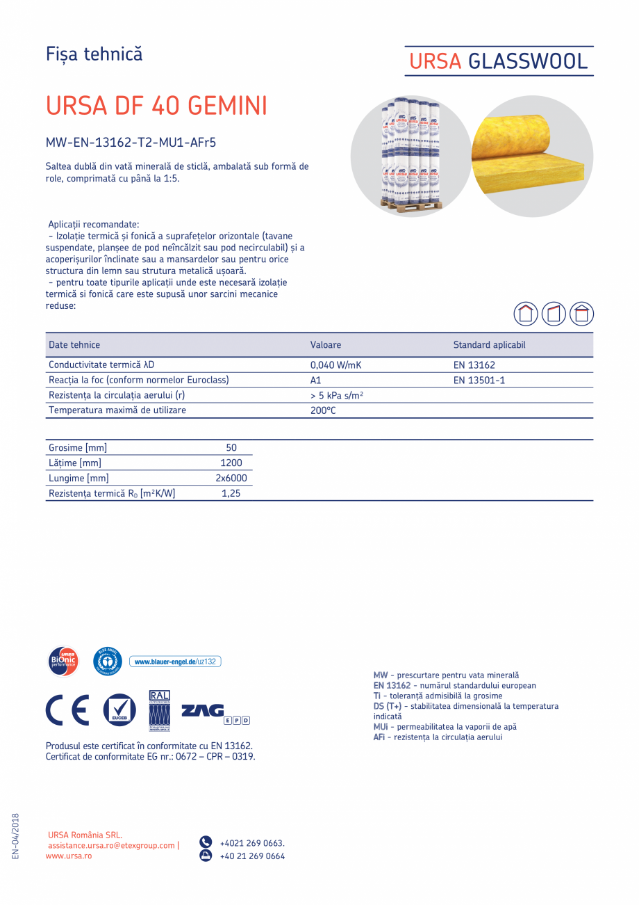 Pagina 1-Saltea dubla din vata minerala de sticla URSA GLASSWOOL DF40 Gemini Fisa tehnica Romana Fișa...