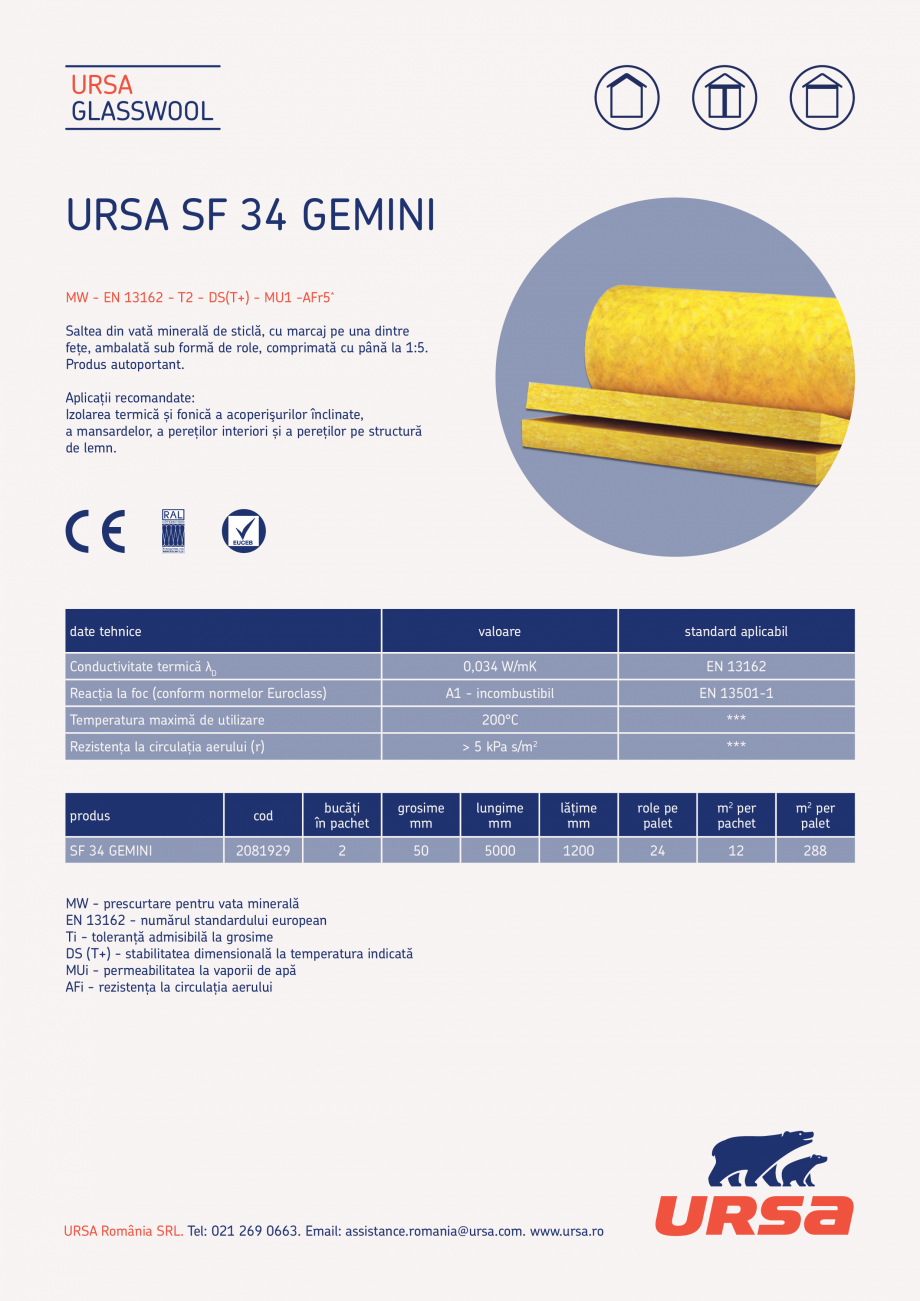Pagina 1-Saltea dubla din vata minerala de sticla  URSA GLASSWOOL SF34 GEMINI Fisa tehnica Romana URSA...