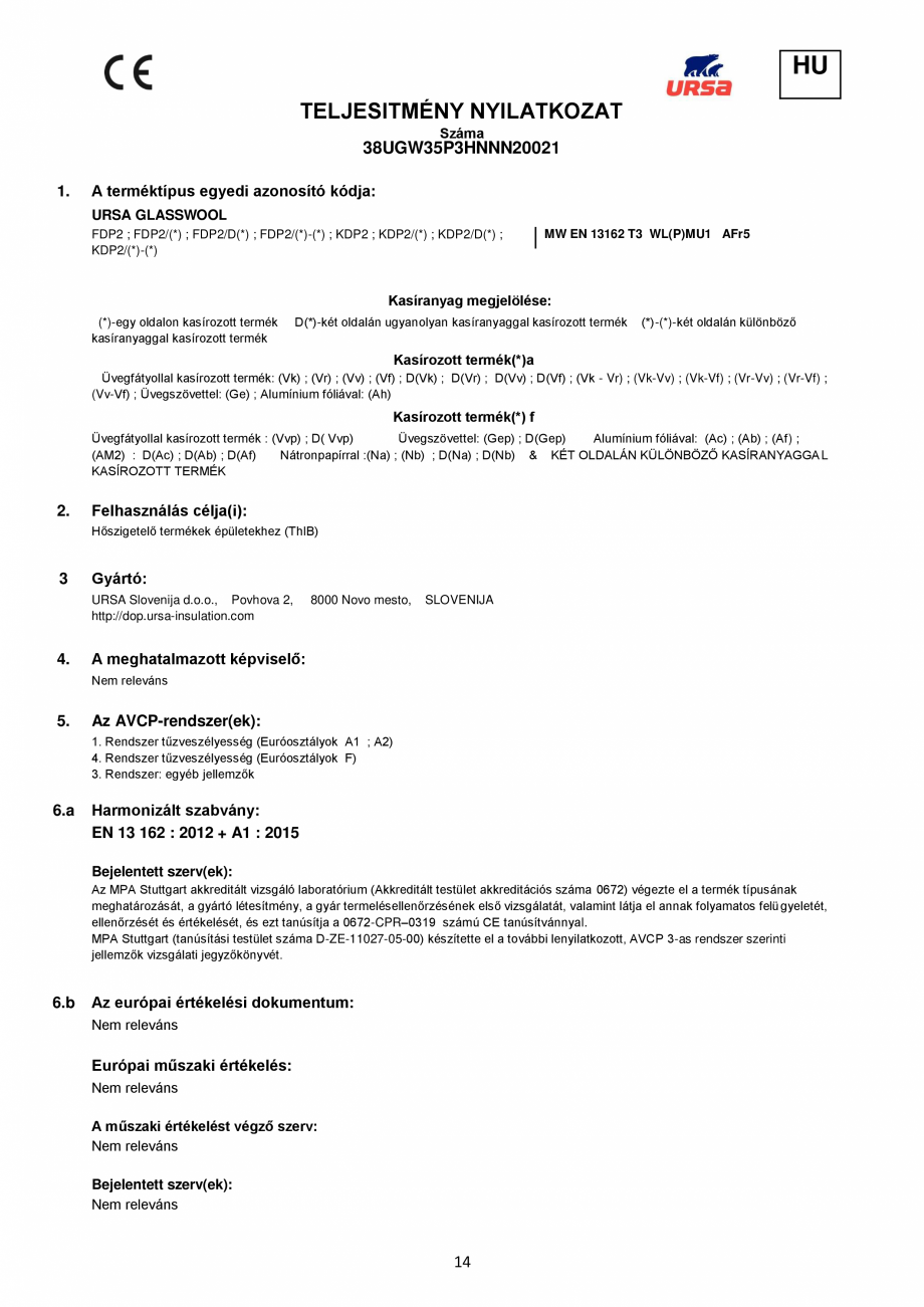 Pagina 14-Declaratie de performanta URSA GLASSWOOL TSP Certificare produs Engleza, Franceza, Italiana, Germana...