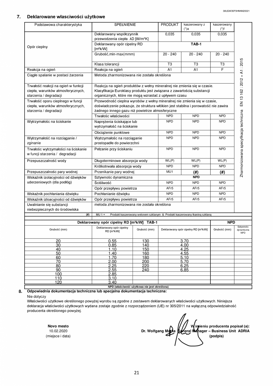 Pagina 21-Declaratie de performanta URSA GLASSWOOL TSP Certificare produs Engleza, Franceza, Italiana, Germana...