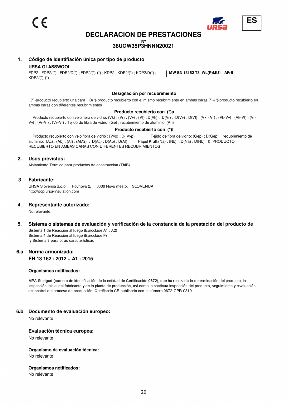 Pagina 26-Declaratie de performanta URSA GLASSWOOL TSP Certificare produs Engleza, Franceza, Italiana, Germana...