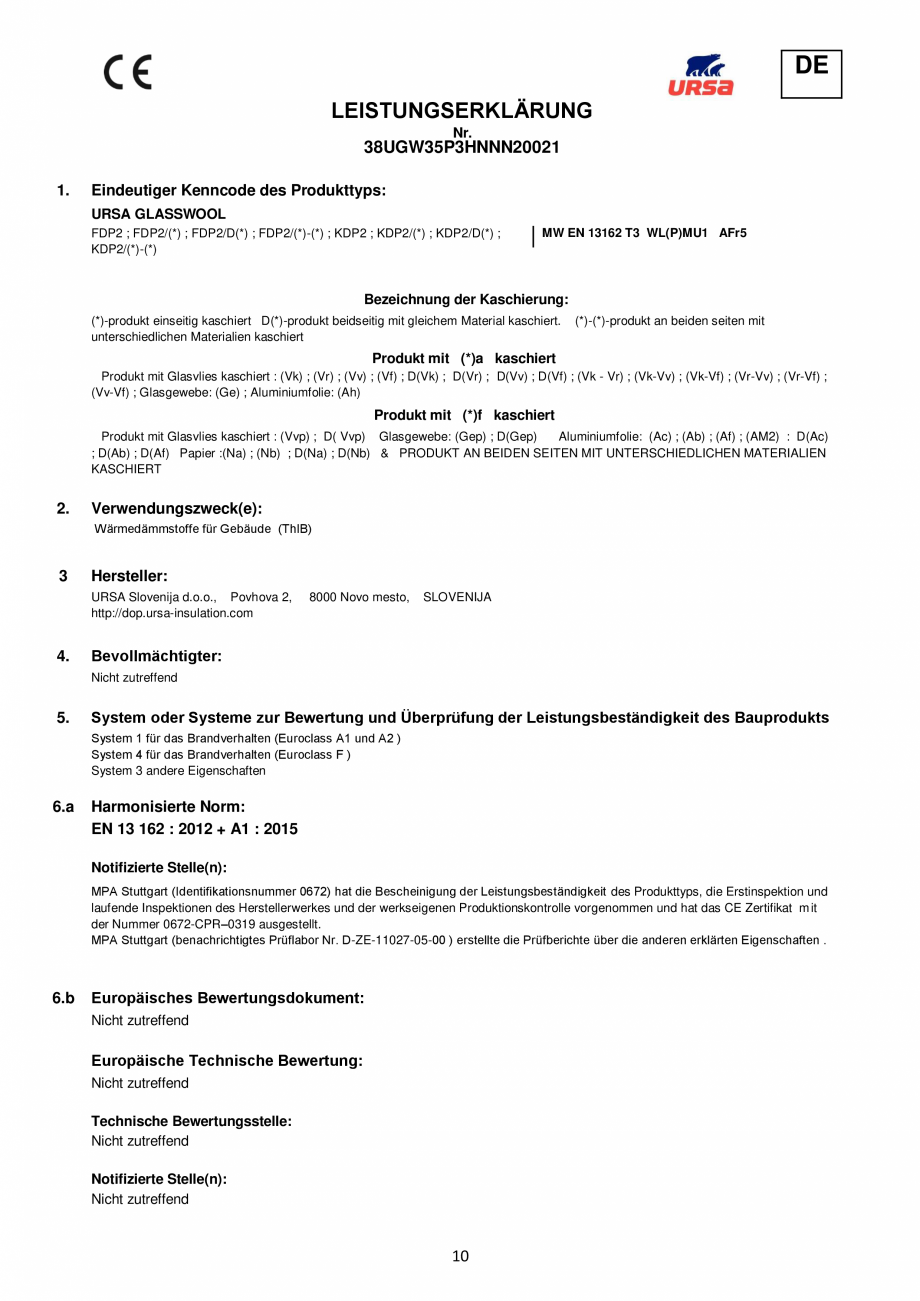 Pagina 10-Declaratie de performanta URSA GLASSWOOL SF 32, GLASSWOOL SF 34,  GLASSWOOL SF 38, TERRA 68Ph,...