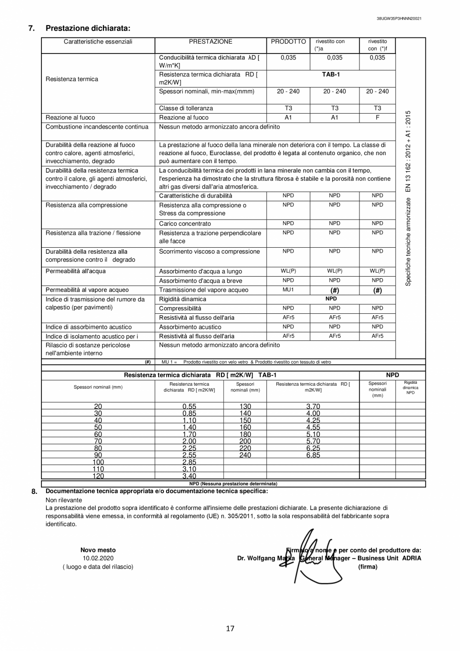 Pagina 17-Declaratie de performanta URSA GLASSWOOL SF 32, GLASSWOOL SF 34,  GLASSWOOL SF 38, TERRA 68Ph,...