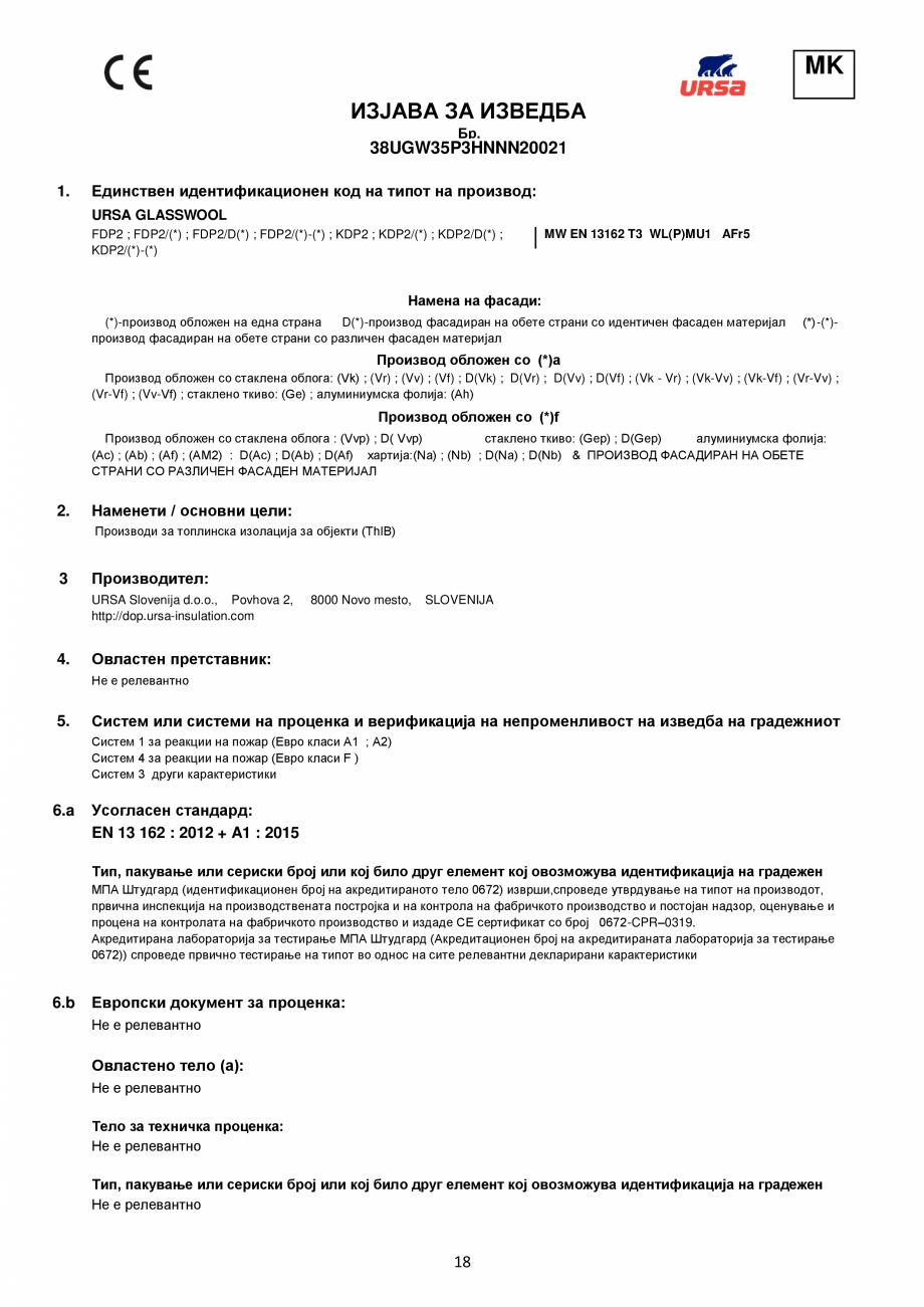 Pagina 18-Declaratie de performanta URSA GLASSWOOL SF 32, GLASSWOOL SF 34,  GLASSWOOL SF 38, TERRA 68Ph,...