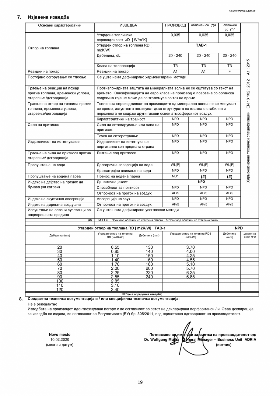 Pagina 19-Declaratie de performanta URSA GLASSWOOL SF 32, GLASSWOOL SF 34,  GLASSWOOL SF 38, TERRA 68Ph,...