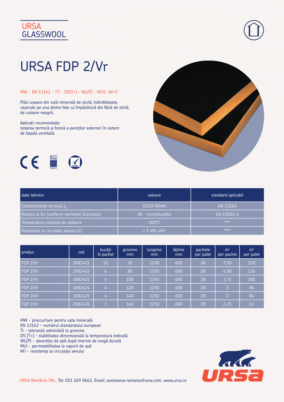 Pagina 1-Placi usoare din vata minerala de sticla URSA GLASSWOOL FDP 2/Vr Fisa tehnica Romana URSA
GLASSWOOL
...