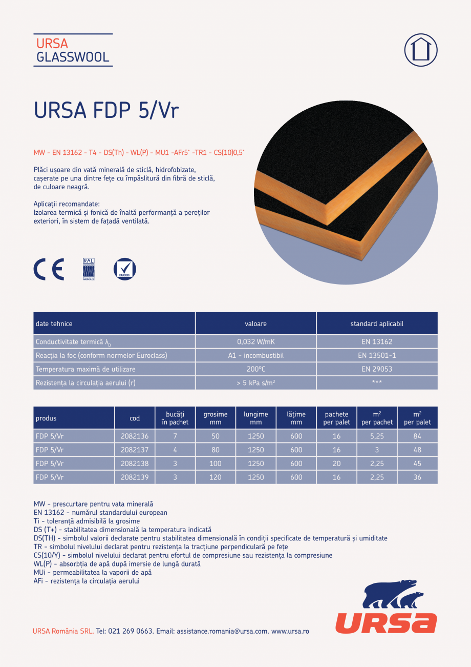 Pagina 1-Placi usoare din vata minerala de sticla URSA GLASSWOOL FDP 5/Vr Fisa tehnica Romana URSA
GLASSWOOL
...