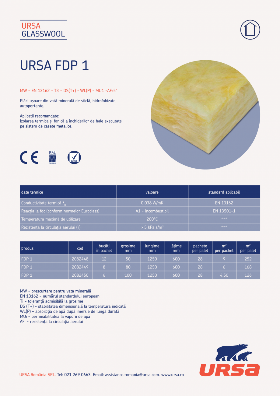 Pagina 1-Placi usoare din vata minerala de sticla  URSA GLASSWOOL FDP 1 Fisa tehnica Romana URSA
GLASSWOOL
...