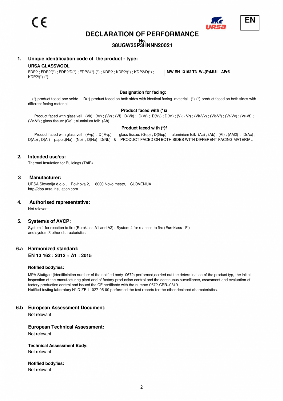 Pagina 2 - Declaratie de performanta URSA GLASSWOOL FDP 1, GLASSWOOL FDP 2 Certificare produs Romana...