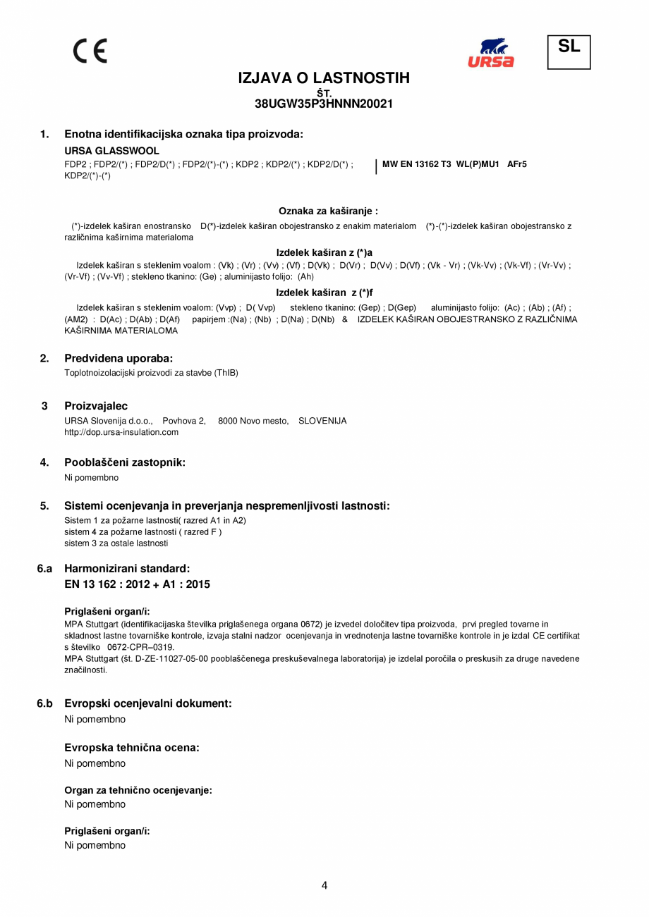 Pagina 4 - Declaratie de performanta URSA GLASSWOOL FDP 1, GLASSWOOL FDP 2 Certificare produs Romana...