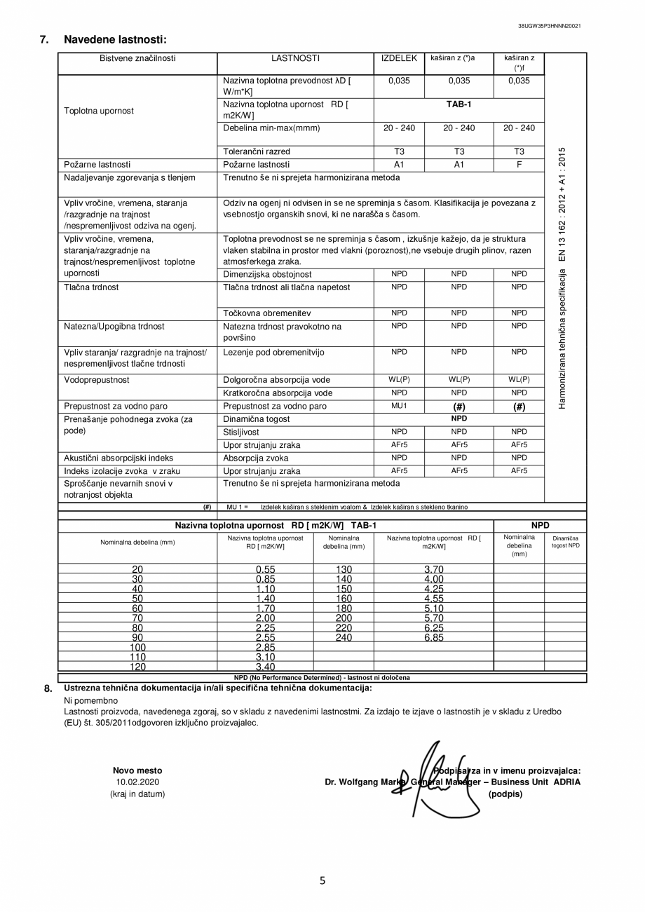 Pagina 5 - Declaratie de performanta URSA GLASSWOOL FDP 1, GLASSWOOL FDP 2 Certificare produs Romana...
