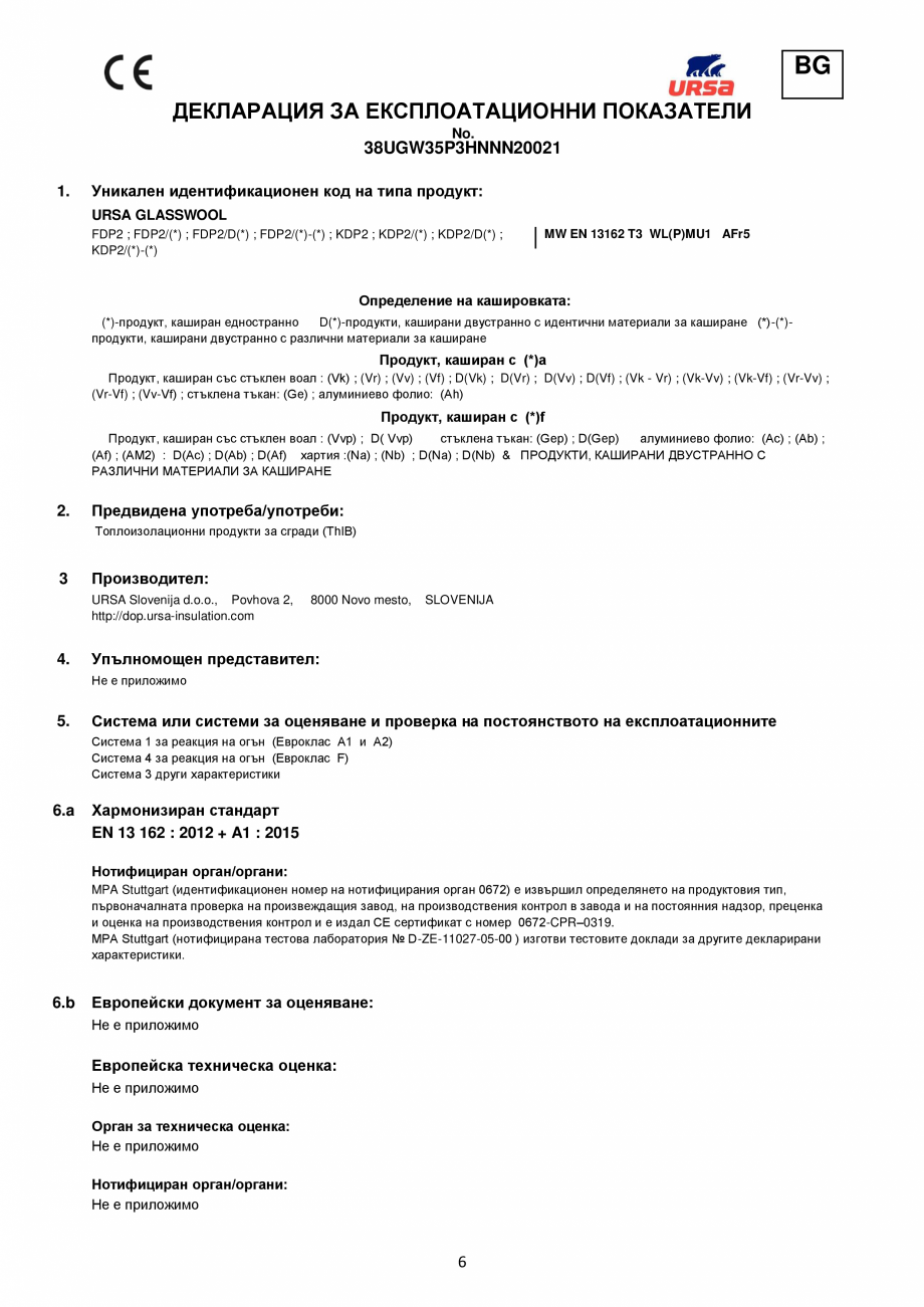 Pagina 6 - Declaratie de performanta URSA GLASSWOOL FDP 1, GLASSWOOL FDP 2 Certificare produs Romana...