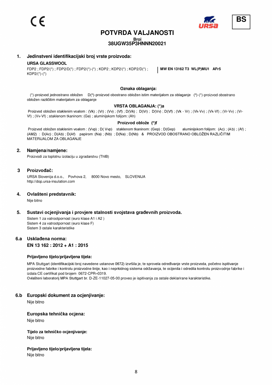 Pagina 8 - Declaratie de performanta URSA GLASSWOOL FDP 1, GLASSWOOL FDP 2 Certificare produs Romana...