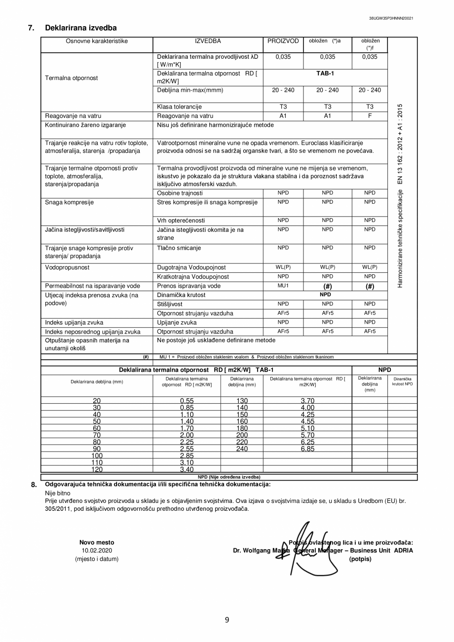 Pagina 9 - Declaratie de performanta URSA GLASSWOOL FDP 1, GLASSWOOL FDP 2 Certificare produs Romana...