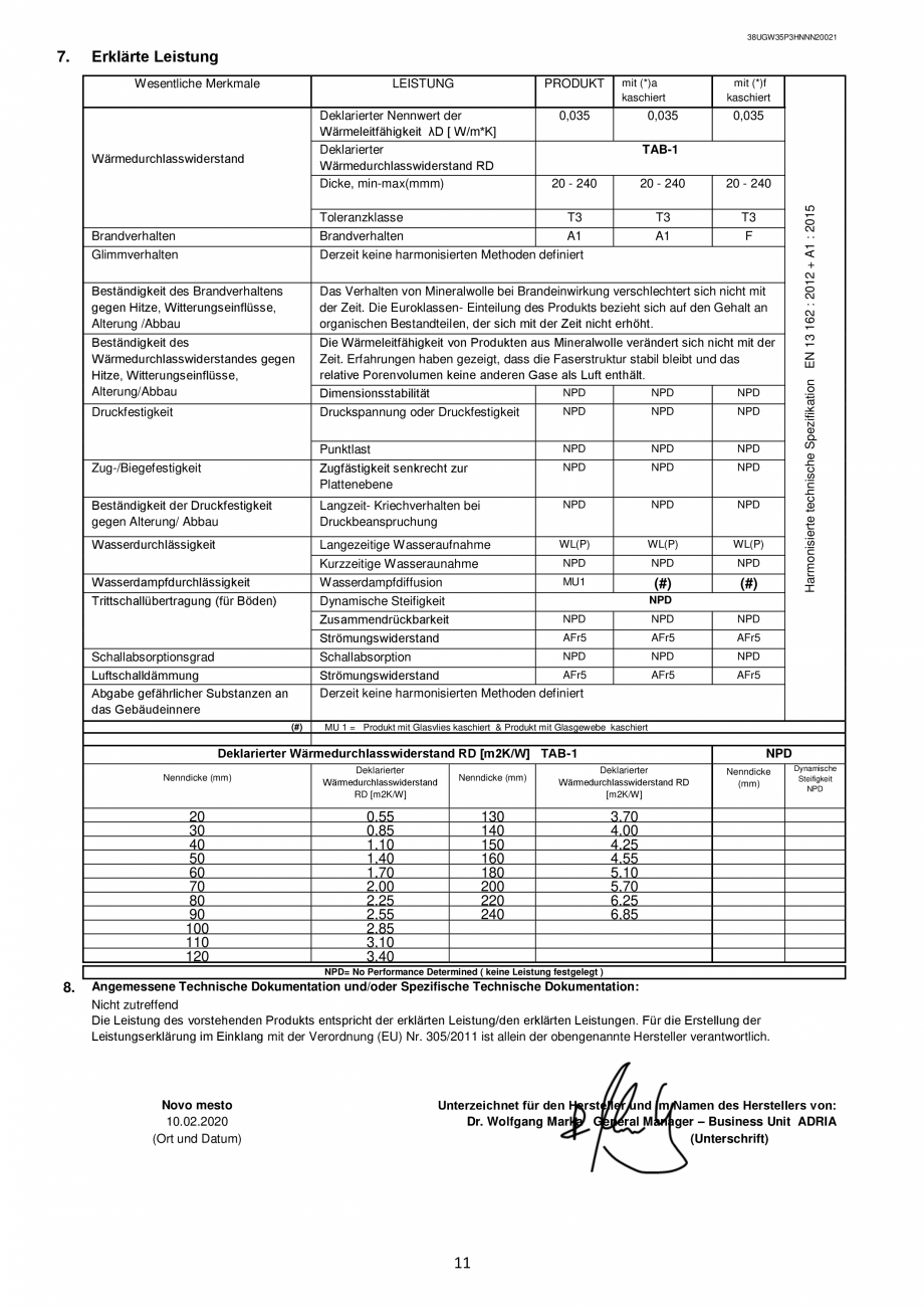 Pagina 11-Declaratie de performanta URSA GLASSWOOL FDP 1, GLASSWOOL FDP 2 Certificare produs Romana, Italiana,...