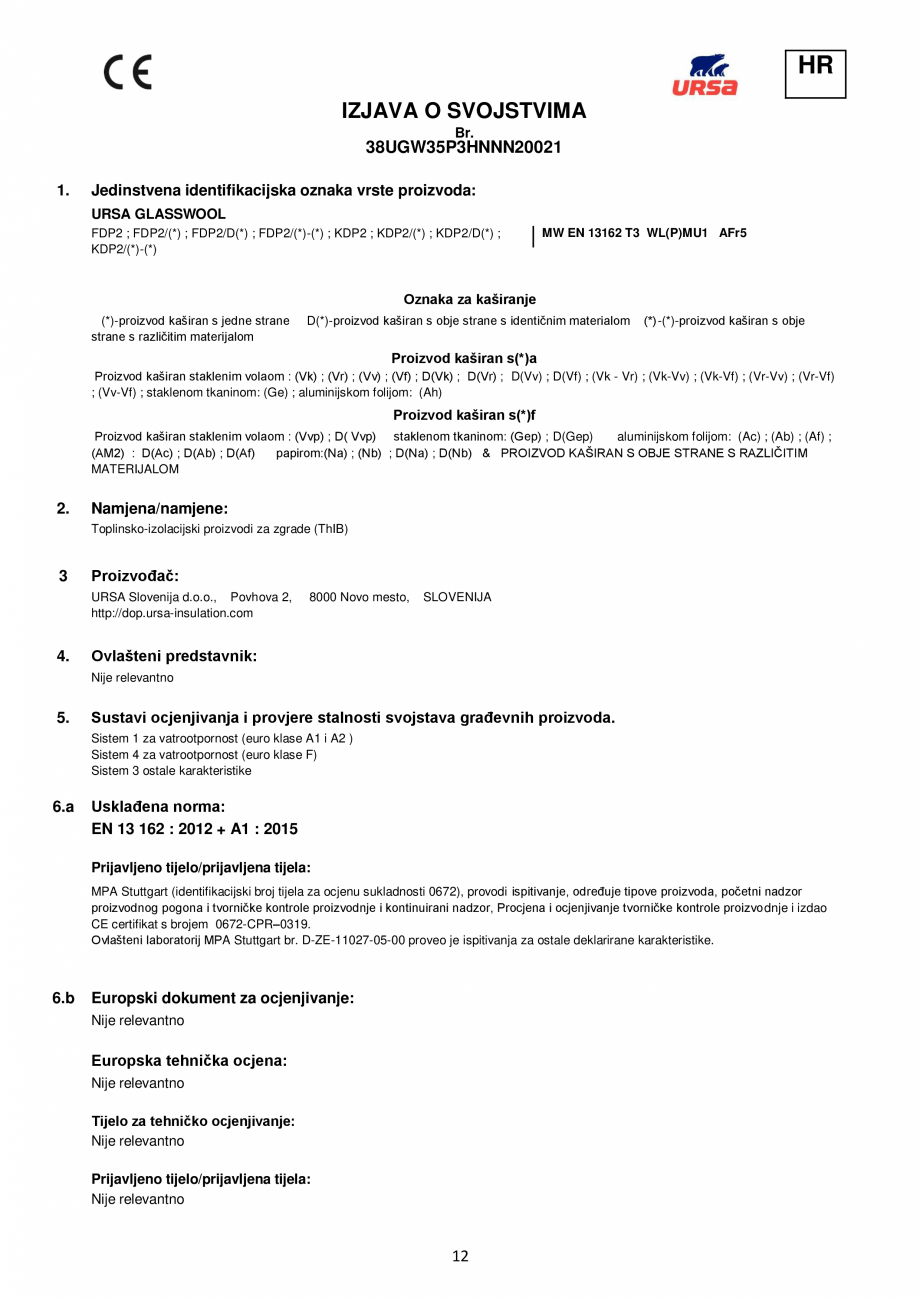 Pagina 12 - Declaratie de performanta URSA GLASSWOOL FDP 1, GLASSWOOL FDP 2 Certificare produs...
