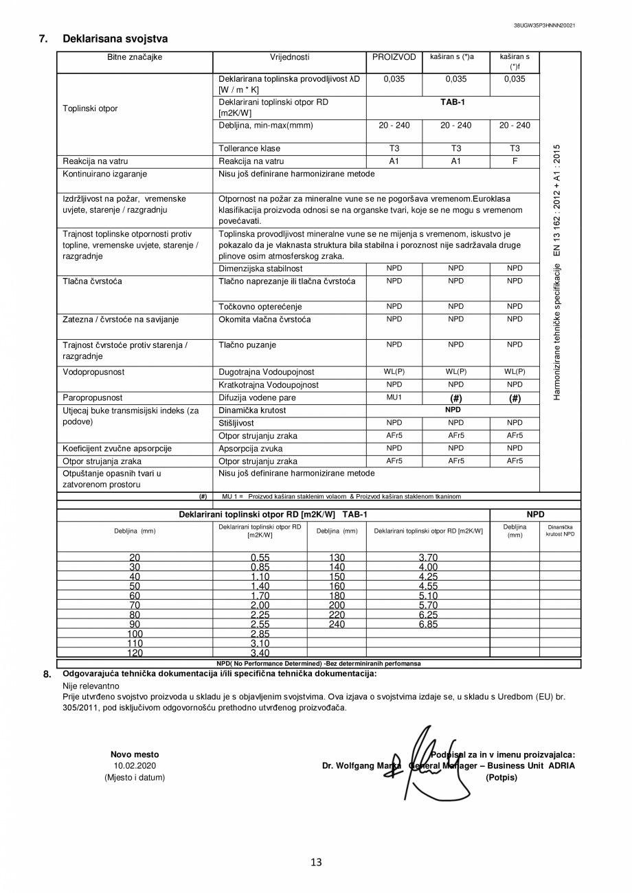 Pagina 13-Declaratie de performanta URSA GLASSWOOL FDP 1, GLASSWOOL FDP 2 Certificare produs Romana, Italiana,...