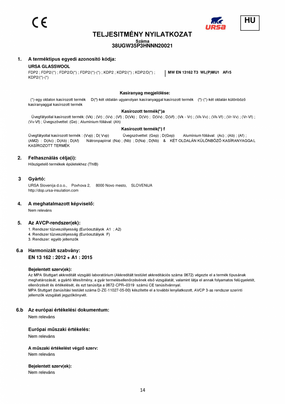 Pagina 14 - Declaratie de performanta URSA GLASSWOOL FDP 1, GLASSWOOL FDP 2 Certificare produs...