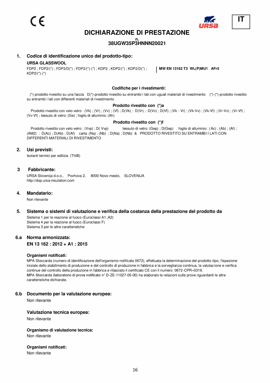 Pagina 16-Declaratie de performanta URSA GLASSWOOL FDP 1, GLASSWOOL FDP 2 Certificare produs Romana, Italiana,...