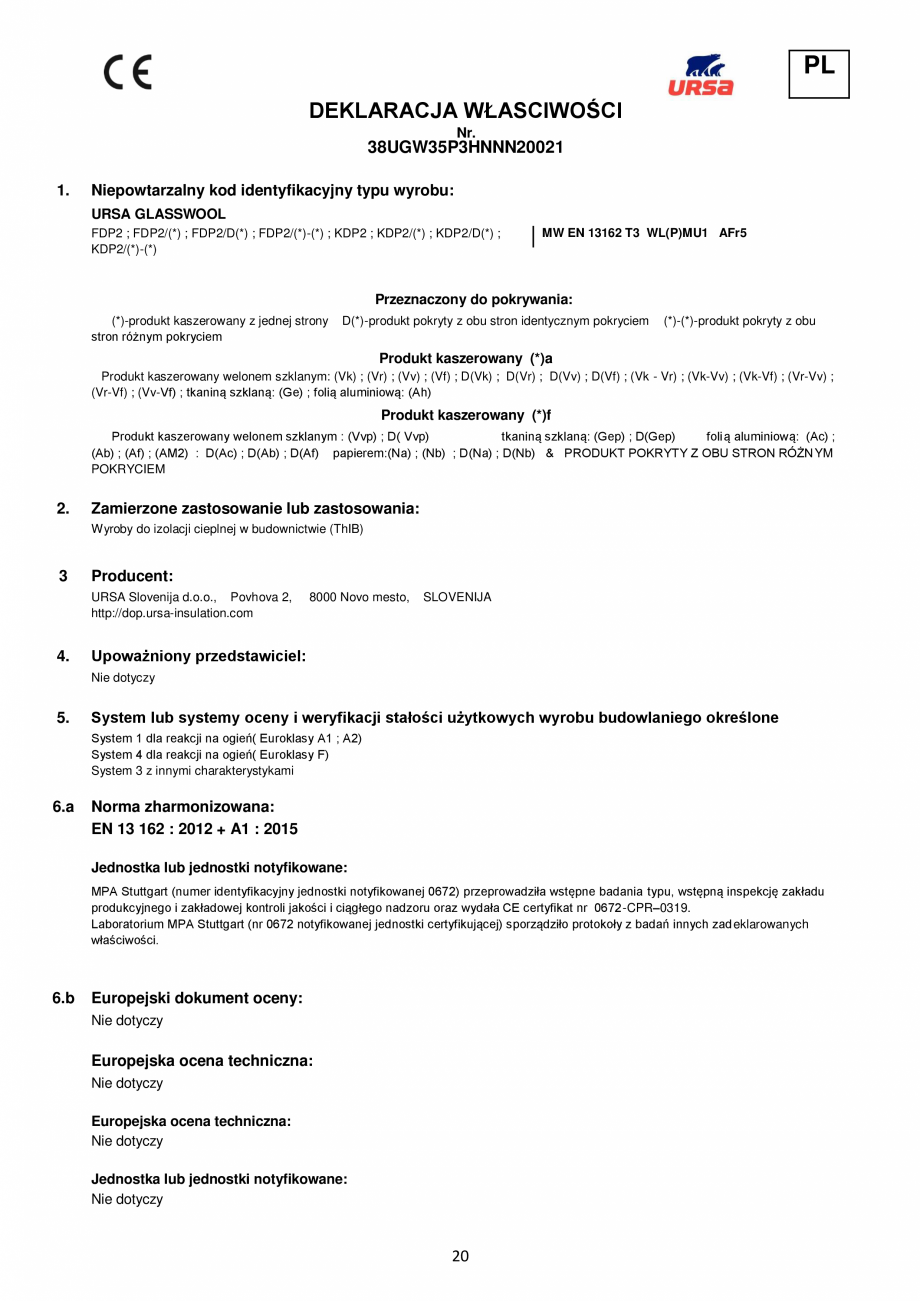 Pagina 20 - Declaratie de performanta URSA GLASSWOOL FDP 1, GLASSWOOL FDP 2 Certificare produs...