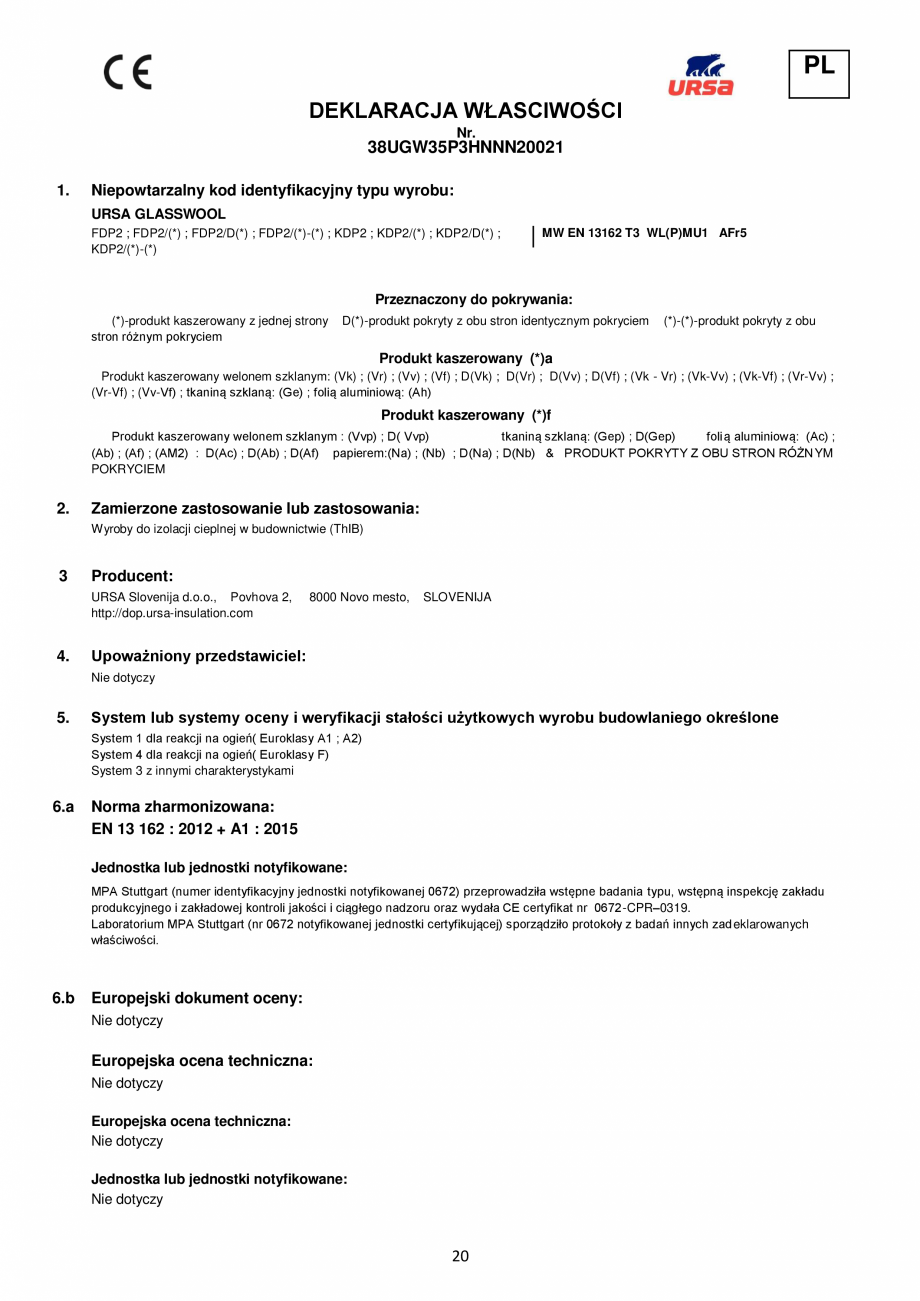 Pagina 20-Declaratie de performanta URSA GLASSWOOL FDP 1, GLASSWOOL FDP 2 Certificare produs Romana, Italiana,...