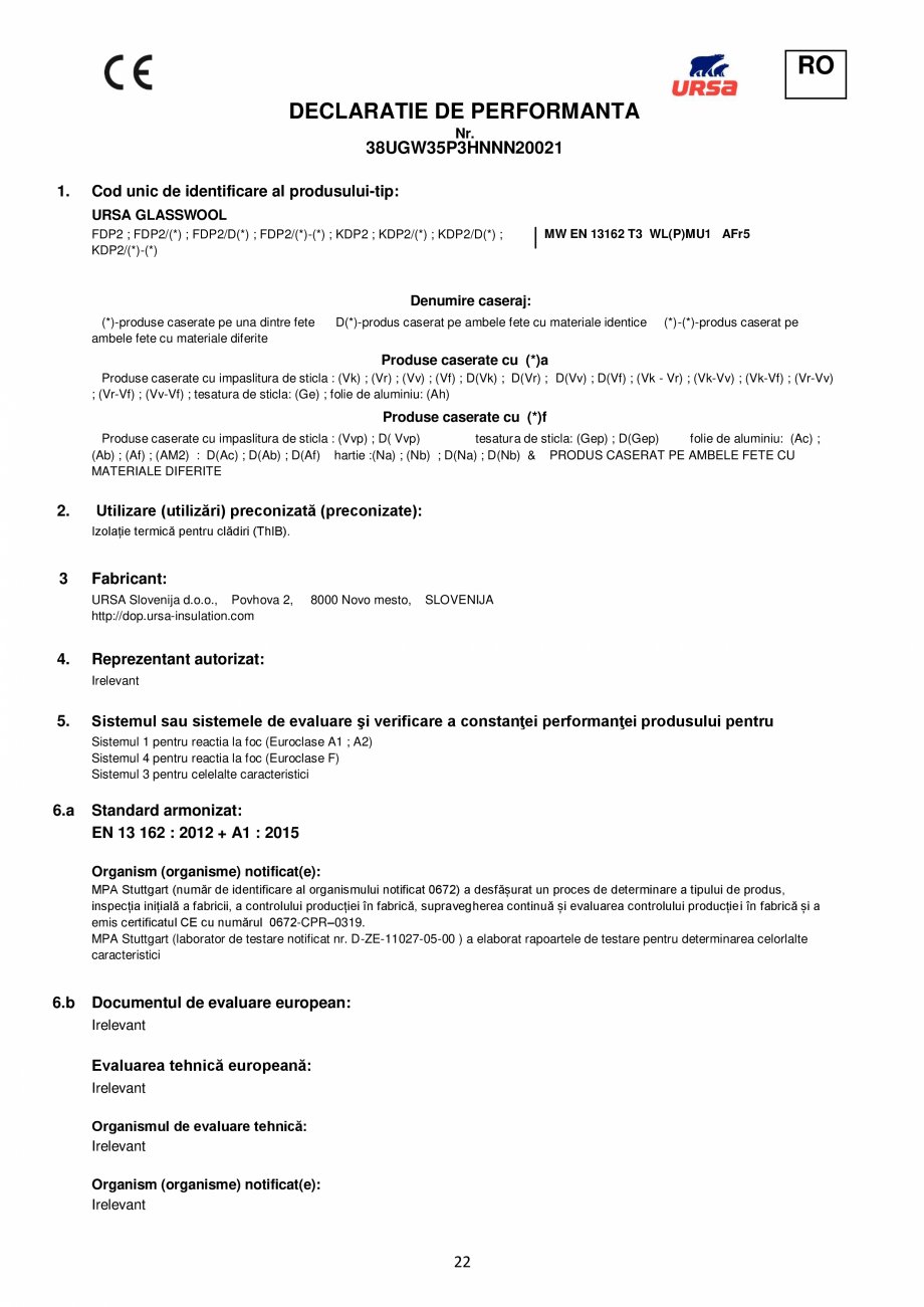 Pagina 22 - Declaratie de performanta URSA GLASSWOOL FDP 1, GLASSWOOL FDP 2 Certificare produs...