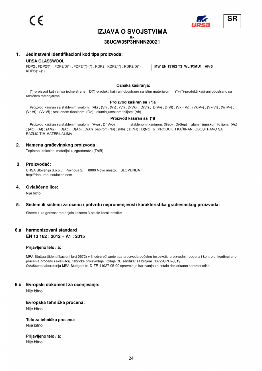Pagina 24-Declaratie de performanta URSA GLASSWOOL FDP 1, GLASSWOOL FDP 2 Certificare produs Romana, Italiana,...
