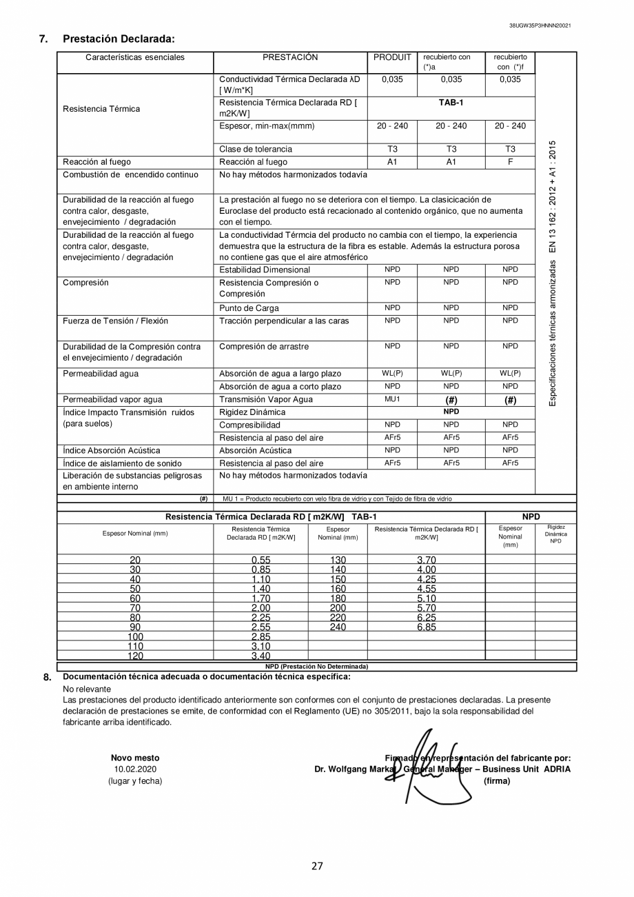Pagina 27-Declaratie de performanta URSA GLASSWOOL FDP 1, GLASSWOOL FDP 2 Certificare produs Romana, Italiana,...