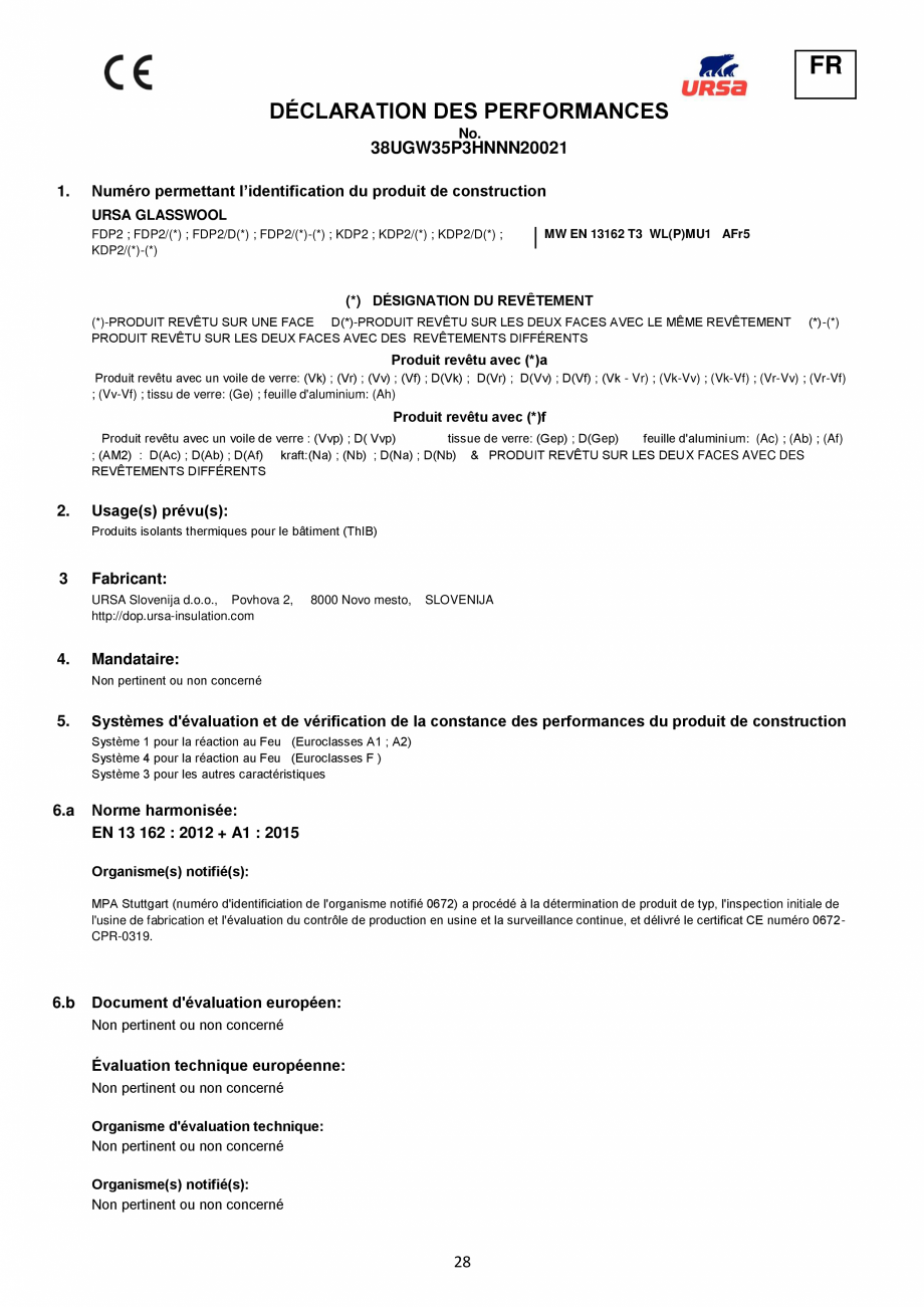Pagina 28 - Declaratie de performanta URSA GLASSWOOL FDP 1, GLASSWOOL FDP 2 Certificare produs...