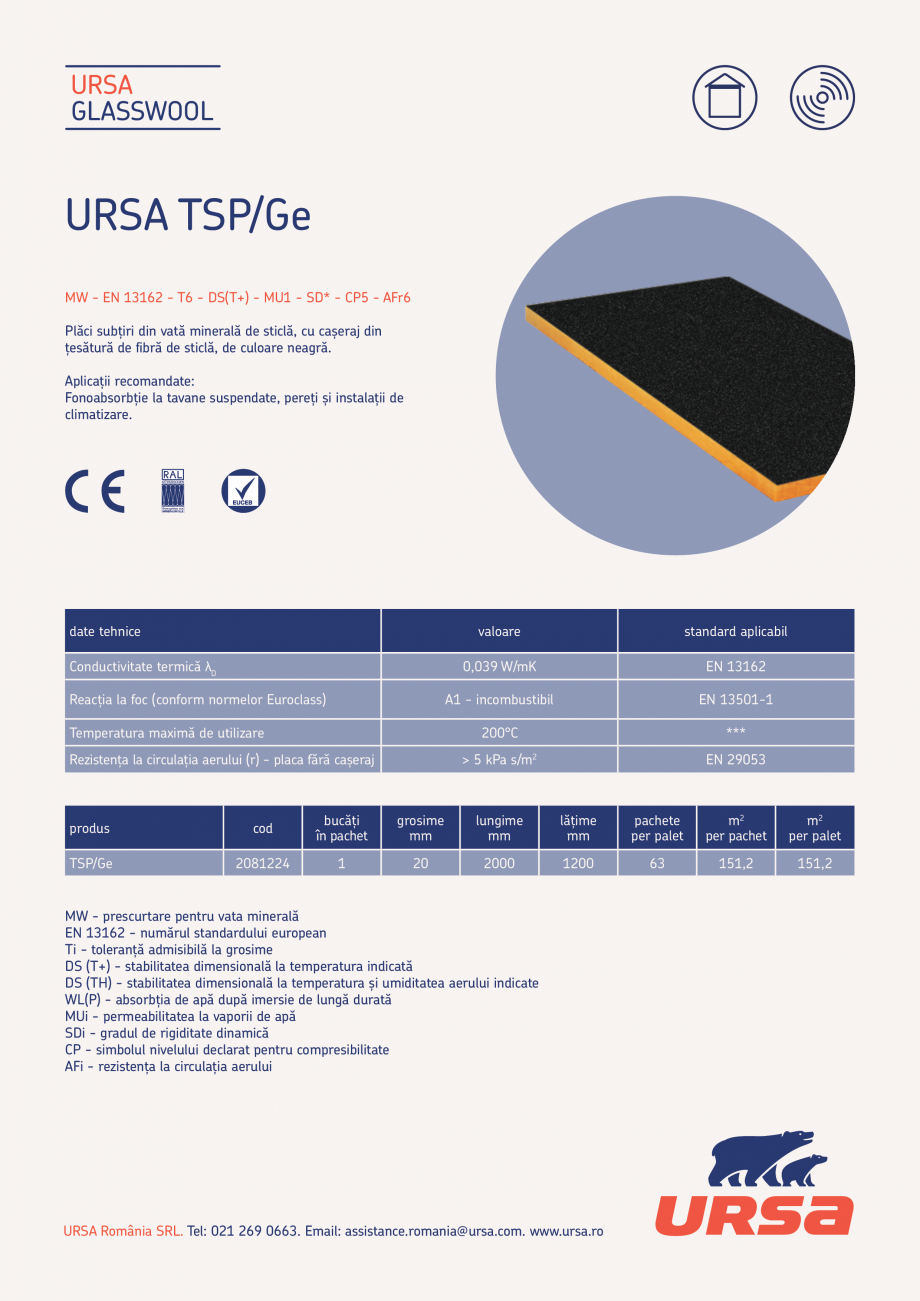 Pagina 1-Placi subtiri din vata minerala de sticla URSA TSP/Ge Fisa tehnica Romana URSA
GLASSWOOL

URSA...