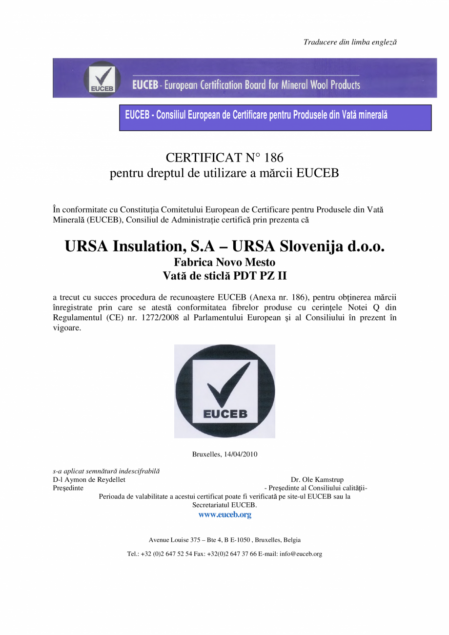 Pagina 1 - Certificat Euceb URSA TERRA 78 Ph, FDP 5,  TF R2/Ah Certificare produs Romana Traducere...