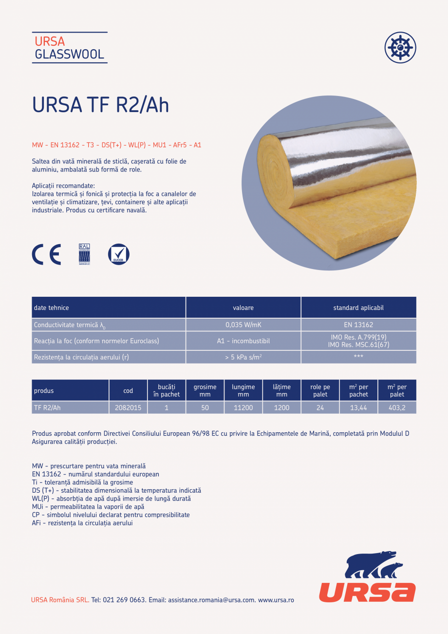 Pagina 1-Saltea din vata minerala de sticla cu folie de aluminiu URSA GLASSWOOL TF R2/Ah Fisa tehnica Romana ...