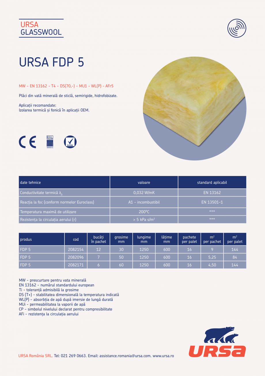 Pagina 1-Placi din vata minerala de sticla URSA GLASSWOOL FDP 5 Fisa tehnica Romana URSA
GLASSWOOL

URSA FDP ...