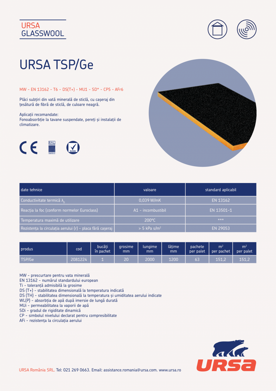 Pagina 1-Placi subtiri din vata minerala de sticla  URSA  GLASSWOOL TSP/Ge Fisa tehnica Romana URSA
GLASSWOOL...