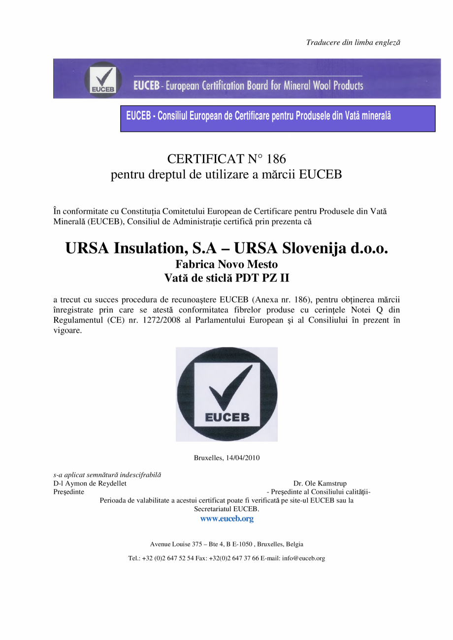 Pagina 1-Certificat Euceb URSA GLASSWOOL FDP 5,  GLASSWOOL TSP/Ge, GLASSWOOL DF Acoustic Certificare produs...
