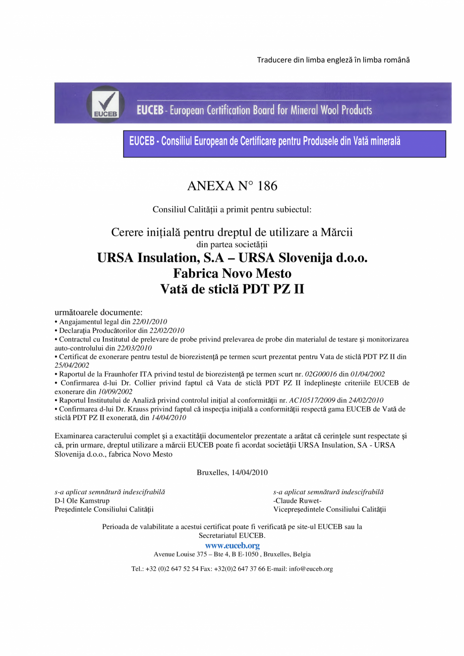 Pagina 2-Certificat Euceb URSA GLASSWOOL FDP 5,  GLASSWOOL TSP/Ge, GLASSWOOL DF Acoustic Certificare produs...