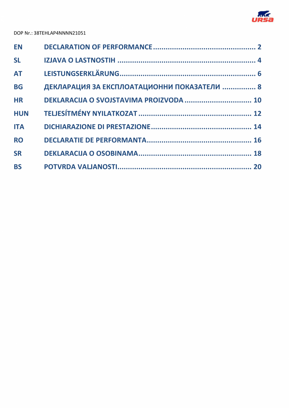 Pagina 1-Declaratie de conformitate URSA TECH Lamella Certificare produs Engleza DOP Nr.: 38TEHLAP4NNNN21051
...