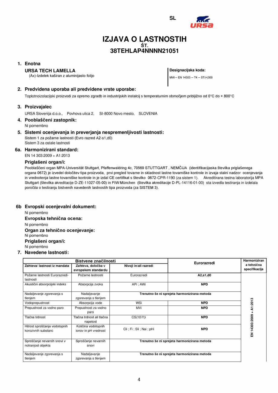 Pagina 4-Declaratie de conformitate URSA TECH Lamella Certificare produs Engleza s
Euroclasses

A2,s1,d0
...