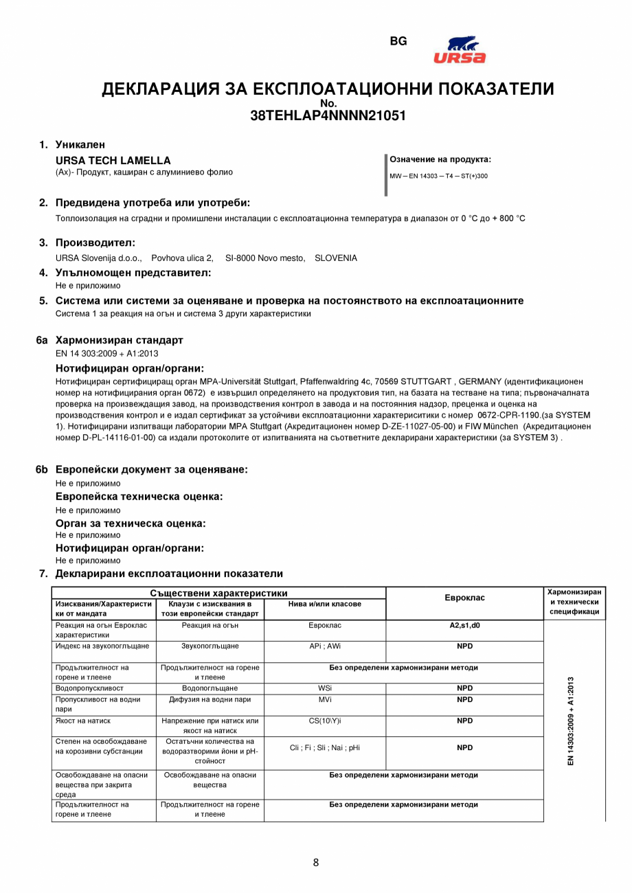 Pagina 8-Declaratie de conformitate URSA TECH Lamella Certificare produs Engleza o

7. Navedene lastnosti:...