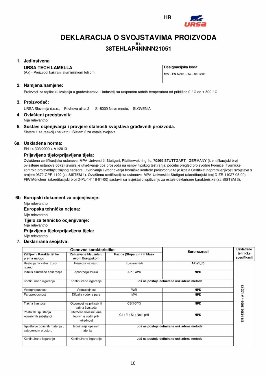 Pagina 10-Declaratie de conformitate URSA TECH Lamella Certificare produs Engleza Toplotna upornost - R...