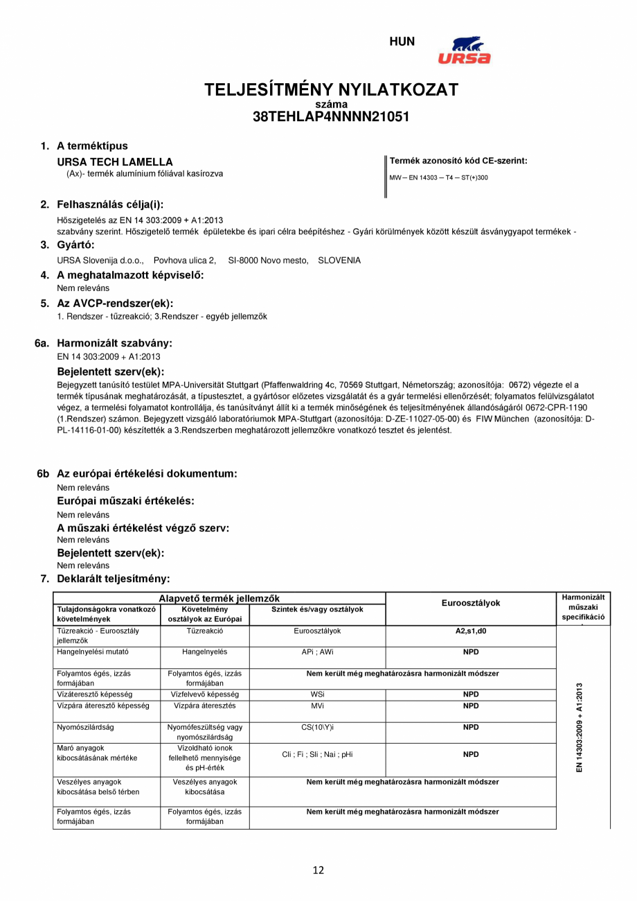 Pagina 12-Declaratie de conformitate URSA TECH Lamella Certificare produs Engleza der
Leistungsbeständigkeit ...