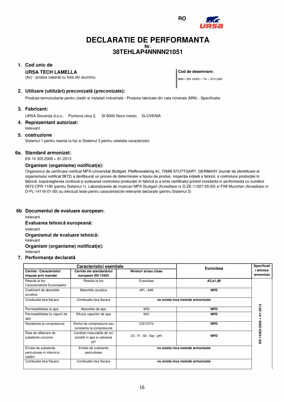 Pagina 16-Declaratie de conformitate URSA TECH Lamella Certificare produs Engleza ни инсталации с...