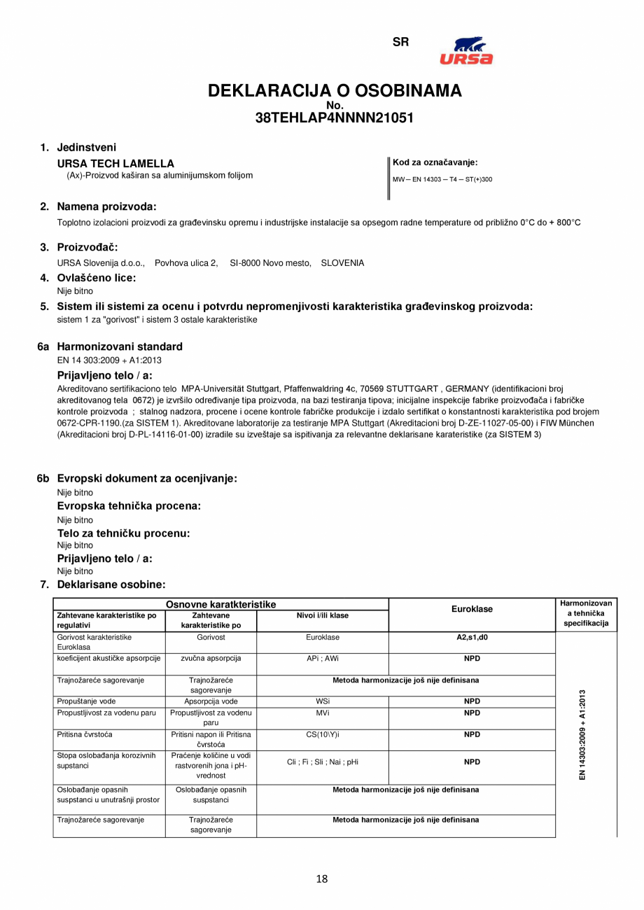 Pagina 18-Declaratie de conformitate URSA TECH Lamella Certificare produs Engleza ропейска...