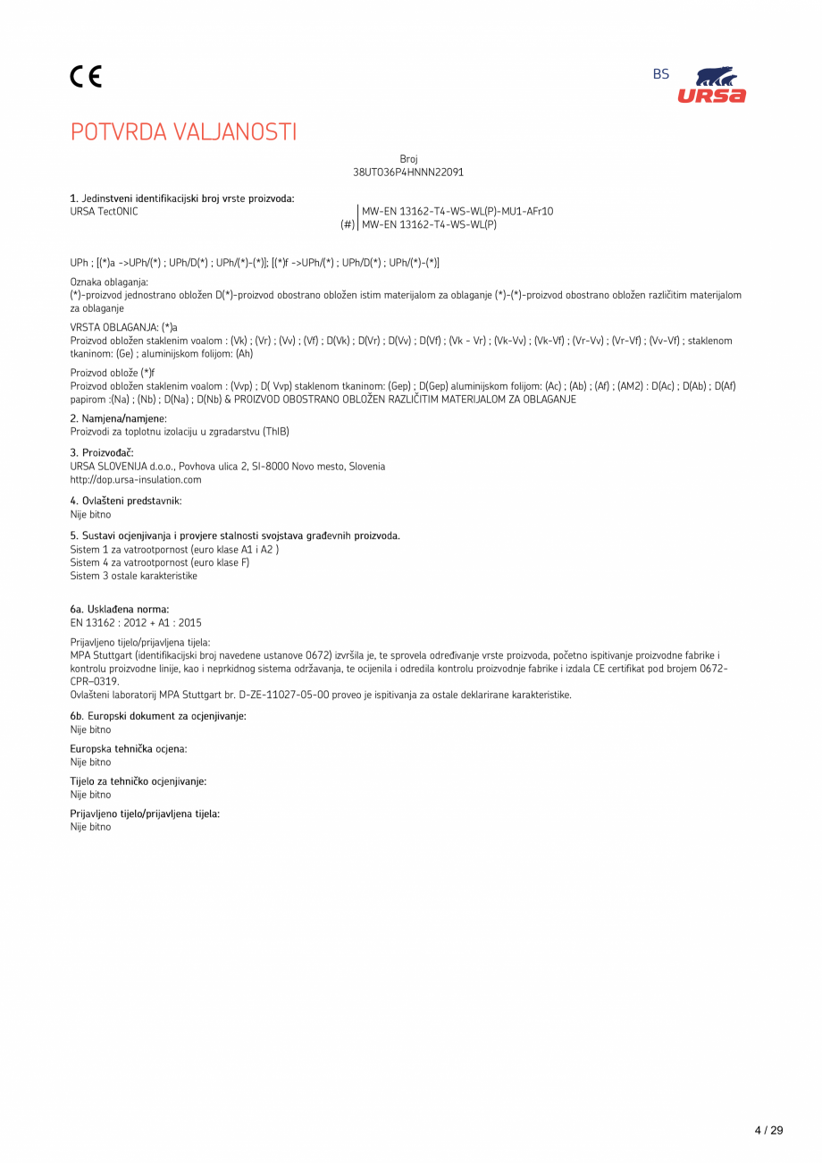 Pagina 4 - Declaratie de performanta URSA TECTONIC UPh/Vv Certificare produs Romana UPh/(*)-(*)];...