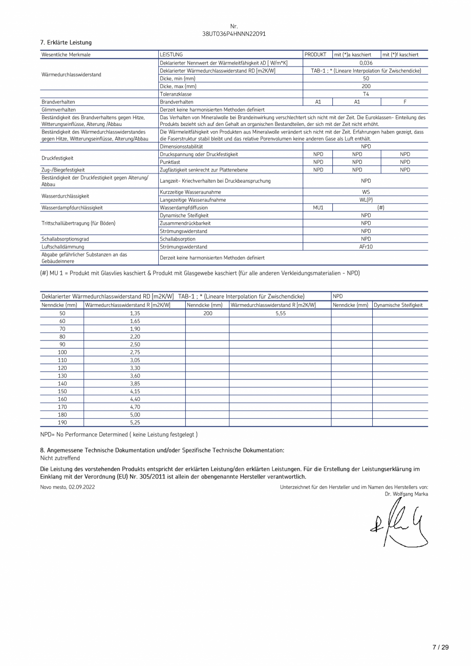 Pagina 7-Declaratie de performanta URSA TECTONIC UPh/Vv Certificare produs Romana  е приложимо...