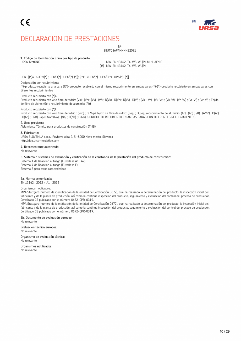 Pagina 10-Declaratie de performanta URSA TECTONIC UPh/Vv Certificare produs Romana арен шум (за...