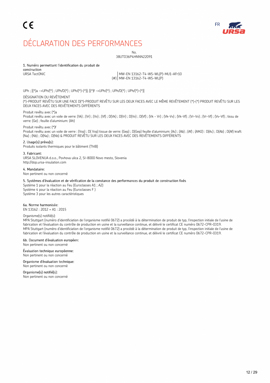 Pagina 12 - Declaratie de performanta URSA TECTONIC UPh/Vv Certificare produs Romana рността ...