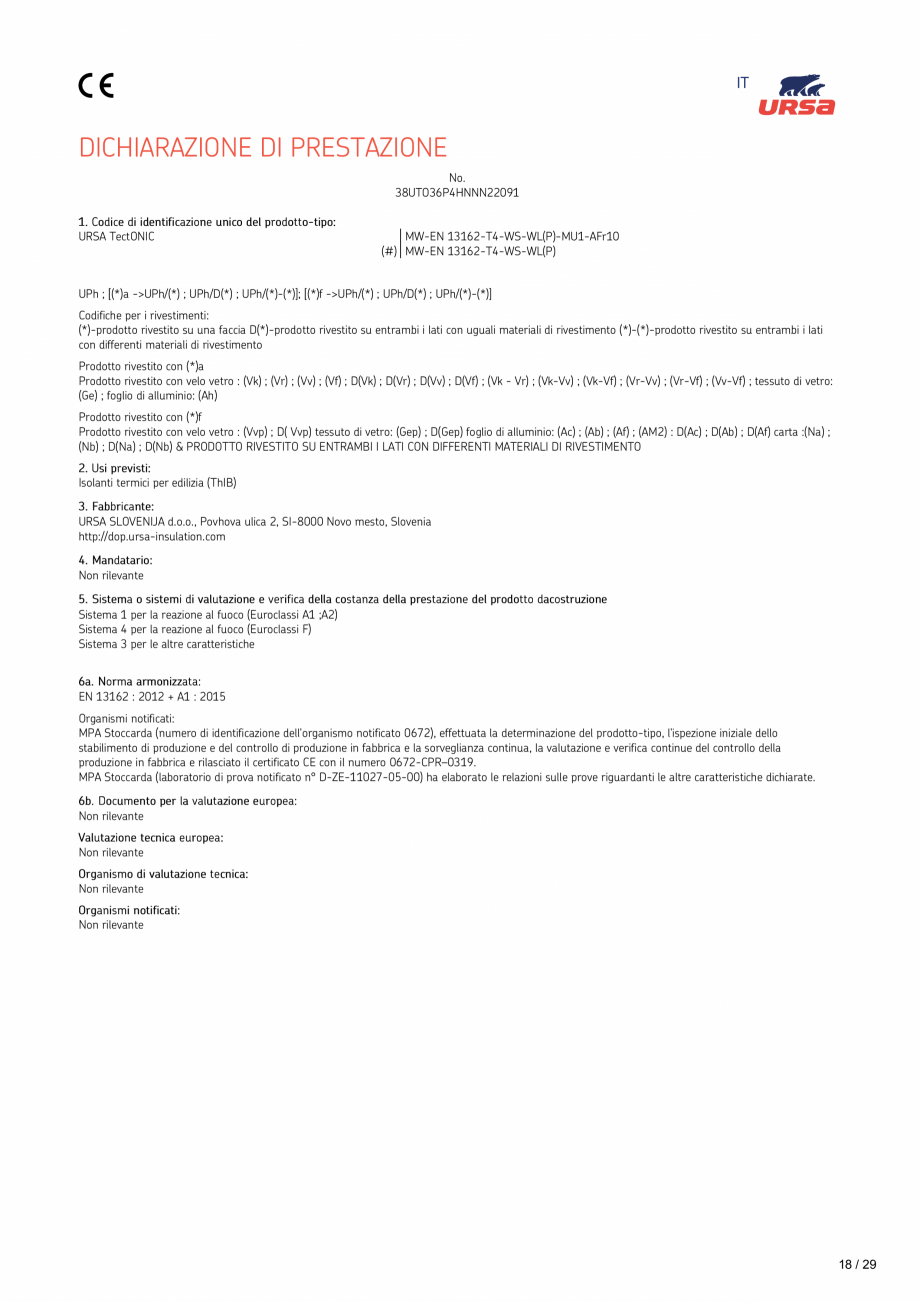 Pagina 18 - Declaratie de performanta URSA TECTONIC UPh/Vv Certificare produs Romana ICHEN...