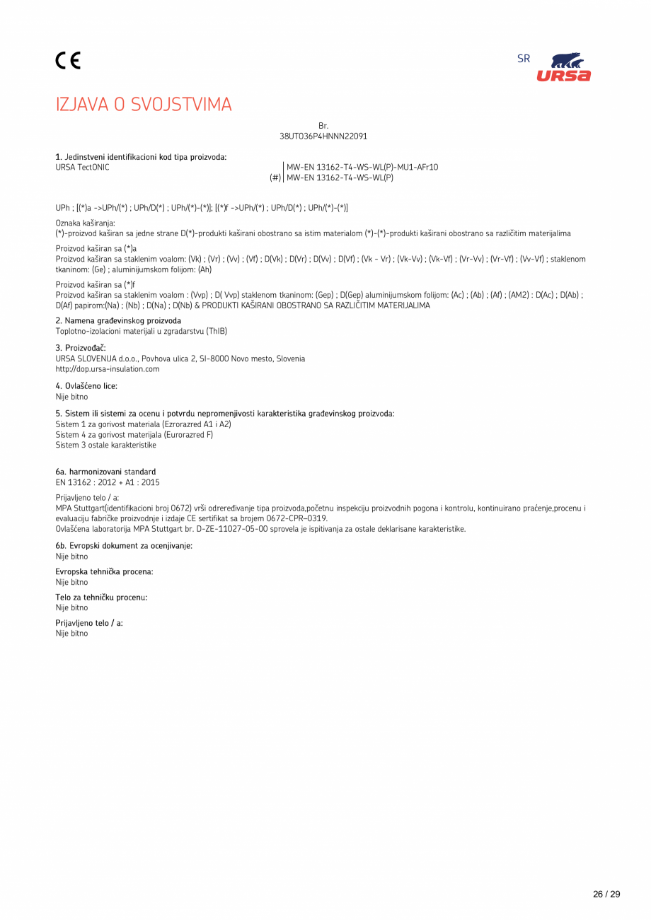 Pagina 26 - Declaratie de performanta URSA TECTONIC UPh/Vv Certificare produs Romana  resistance RD ...